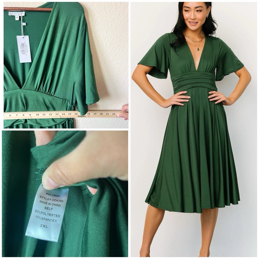 NWT Baltic born Green Midi Dress Deep V Neck Flutter Sleeve Flowy Skirt Plus 2X - Picture 4 of 15